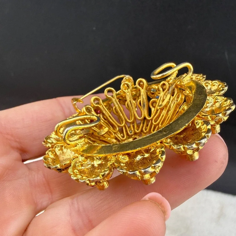 Vintage Rhinestone Dome Brooch Gold Tone Heavy READ